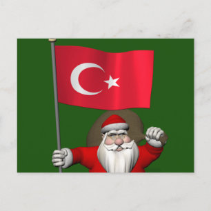 Cartão Postal De Festividades Engraçado Papai Noel Com Bandeira Da Turquia