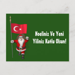 Cartão Postal De Festividades Engraçado Papai Noel Com Bandeira Da Turquia