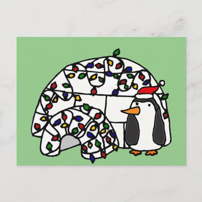 Cartão Postal De Festividades Engraçado Pinguim e Igloo de Natal (Frente)