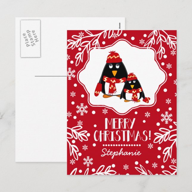 Cartão Postal De Festividades Engraçado Pinguins Personalizado Natal (Frente/Verso)
