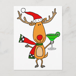 Cartão Postal De Festividades Engraçado Reindeer Bebendo Margarita Arte de Nata