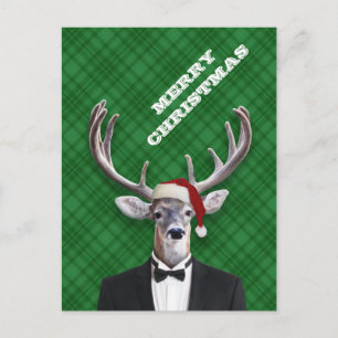 Cartão Postal De Festividades Engraçado Santa Hat Xadrez verde de Natal