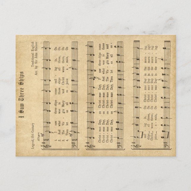 Cartão Postal De Festividades Ephemera " Vi Três Navios" Carol de Natal (Frente)