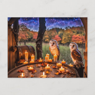 Cartão Postal De Festividades Equinócio de outono com duas velas de coruja