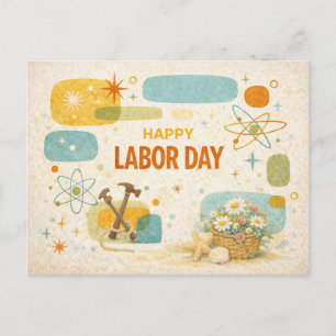 Cartão Postal De Festividades Era Atômica Retrô Feliz Dia do Trabalhador