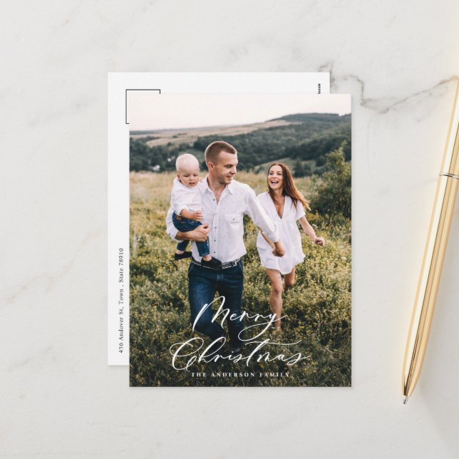 Cartão Postal De Festividades Escrita elegante de Natal com fotografia mínima mo (Frente/Verso In Situ)