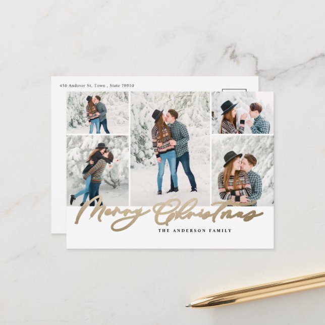 Cartão Postal De Festividades Escrito elegante de 5 fotos de Natal, mínimo moder (Frente/Verso In Situ)