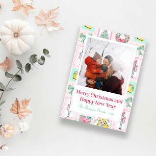 Cartão Postal De Festividades Esmagador de Nozes Rosa e Verde com Foto Personali