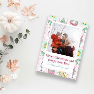Cartão Postal De Festividades Esmagador de Nozes Rosa e Verde com Foto Personali