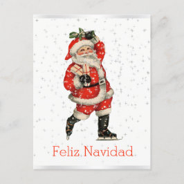Cartão Postal De Festividades Espanhol de patinagem do papai noel vermelho do