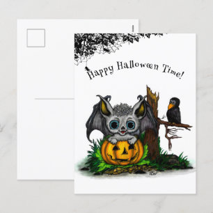 Cartão Postal De Festividades Esperando o Halloween, Cute Bat e Raven