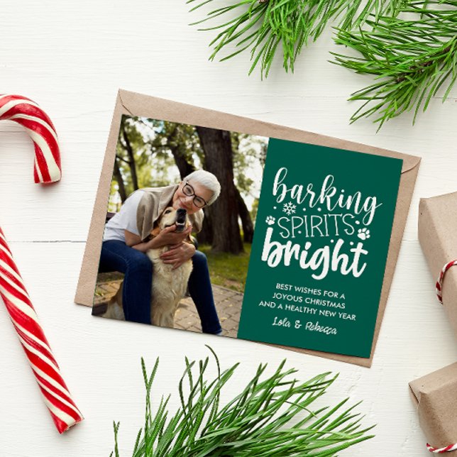 CARTÃO POSTAL DE FESTIVIDADES ESPÍRITO DE BARREIRA DE CÃO BRILHANTE NATAL VERDE  (DOG OWNER  CHRISTMAS POSTCARD BARKING SPIRITS BRIGHT VERTICAL PHOTO TEMPLATE EASY TO CUSTOMIZE )