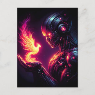 Cartão Postal De Festividades Espírito de Fogo Fênix Robô Futurista Cibernético