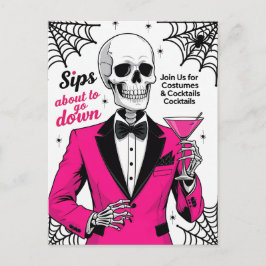 Cartão Postal De Festividades Esqueleto de Terno Rosa no Halloween