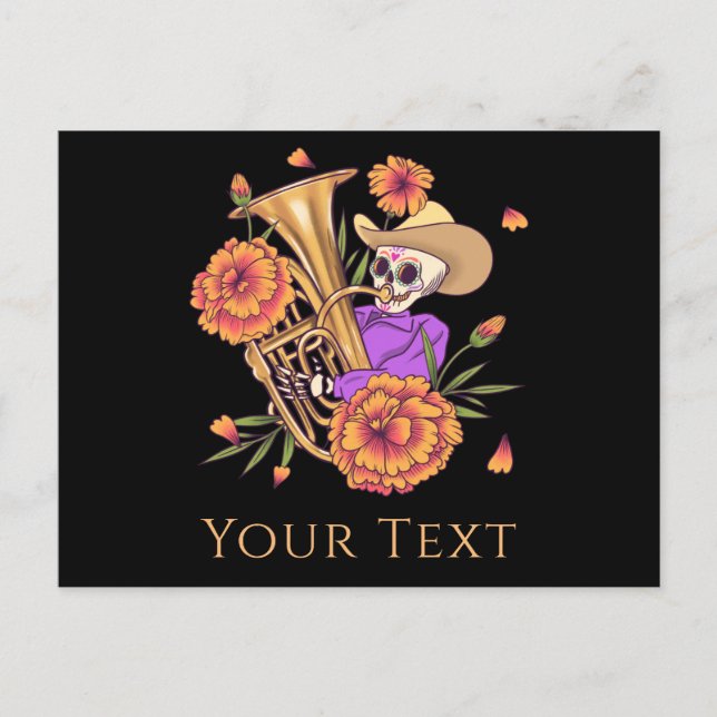 Cartão Postal De Festividades Esqueleto Engraçado Músico Músico Músico Floral Di (Frente)