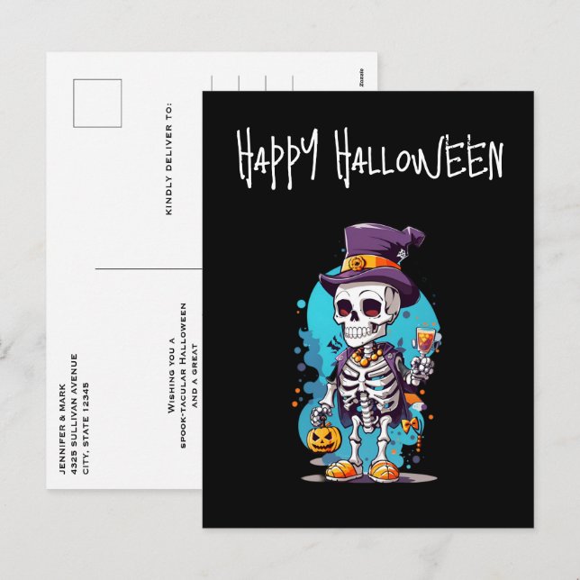 Cartão Postal De Festividades Esqueleto legal no Halloween do Top Halloween (Frente/Verso)