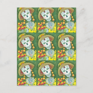 CARTÃO POSTAL DE FESTIVIDADES ESQUELETO NA PRIMAVERA E TULIPAS, DAMA ESQUELETO D