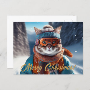 Cartão Postal De Festividades Esqui Feliz Natal de Gato