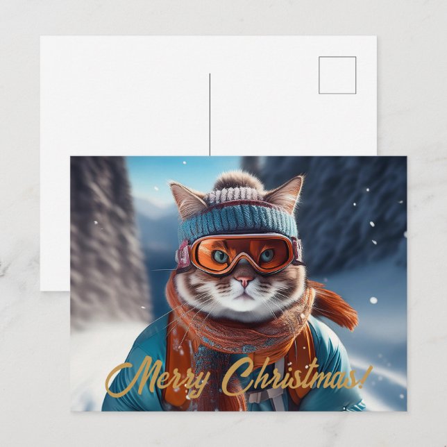 Cartão Postal De Festividades Esqui Feliz Natal de Gato (Frente/Verso)