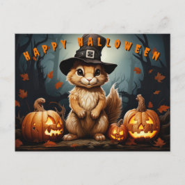 Cartão Postal De Festividades Esquilo De Halloween No Chapéu De Bruxas Com Pumpk