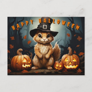 Cartão Postal De Festividades Esquilo De Halloween No Chapéu De Bruxas Com Pumpk