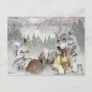 Cartão Postal De Festividades Esquilo do Lobo Fofo Fresco de Inverno Natal Natal