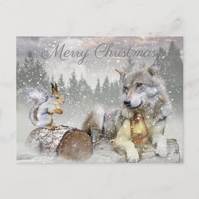 Cartão Postal De Festividades Esquilo do Lobo Fofo Fresco de Inverno Natal Natal (Frente)
