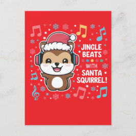 Cartão Postal De Festividades Esquilo em Fones de ouvido e Santa Hat - Jingle Be