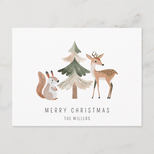 Cartão Postal De Festividades Esquilo Mínimo Deer Pine Árvore Feliz Natal (Frente)