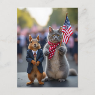 Cartão Postal De Festividades Esquilo Patriótico e Gato