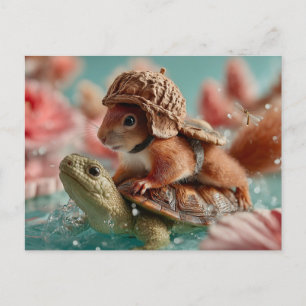 Cartão Postal De Festividades Esquilo Whimsic Andando uma Tartaruga
