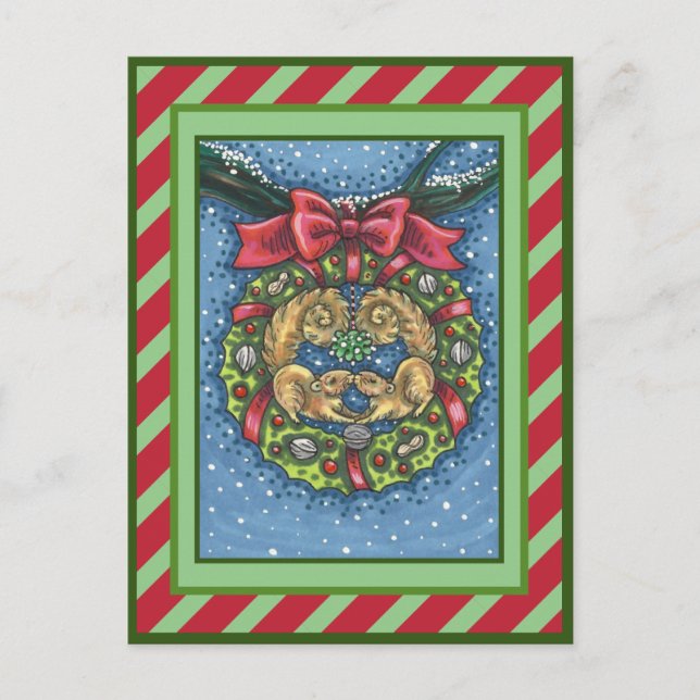 CARTÃO POSTAL DE FESTIVIDADES ESQUILOS DE BEIJOS CUTÂNEOS SOB MISTLETOE, CORREÇÃ (Frente)