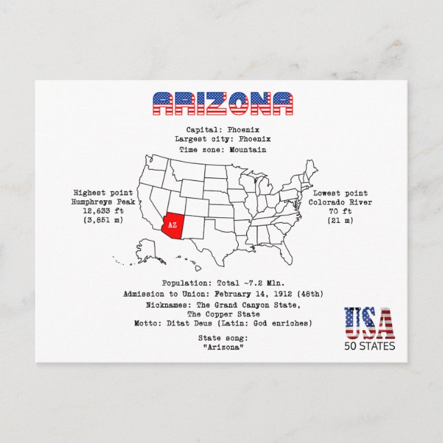 Cartão Postal De Festividades Estado americano da arizona em um mapa e em uma (Frente)