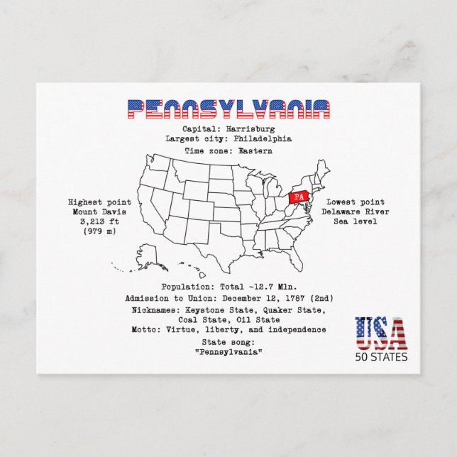 Cartão Postal De Festividades Estado Americano da Pensilvânia em um mapa e detal (Frente)