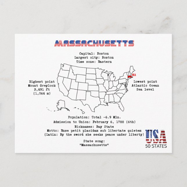 Cartão Postal De Festividades Estado Americano de Massachusetts em um mapa e det (Frente)