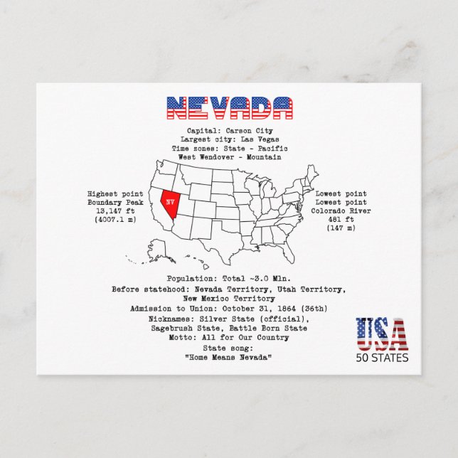 Cartão Postal De Festividades Estado Americano de Nevada num mapa e informações  (Frente)