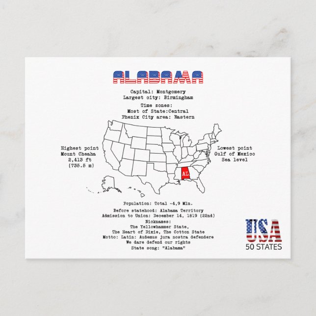 Cartão Postal De Festividades Estado Americano do Alabama em um mapa e informaçõ (Frente)