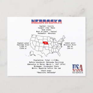 Cartão Postal De Festividades Estado Americano do Nebraska em um mapa e informaç