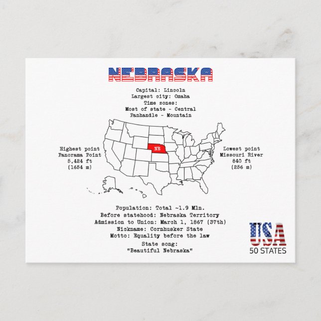 Cartão Postal De Festividades Estado Americano do Nebraska em um mapa e informaç (Frente)