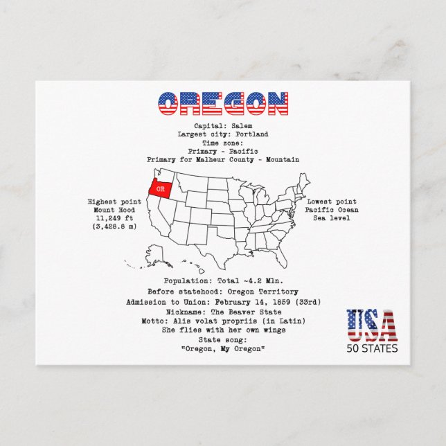Cartão Postal De Festividades Estado Americano do Oregon num mapa e informações  (Frente)