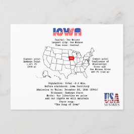 Cartão Postal De Festividades Estado de Iowa americano em um mapa e informações 