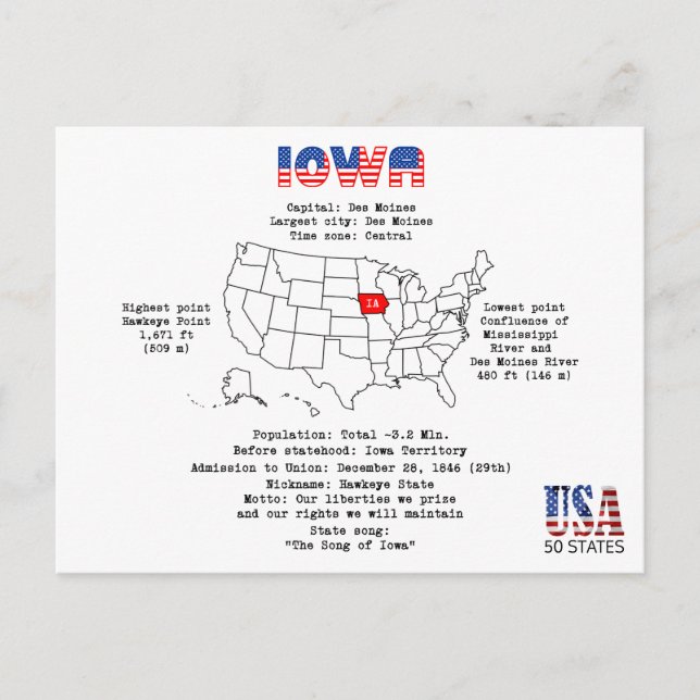 Cartão Postal De Festividades Estado de Iowa americano em um mapa e informações  (Frente)