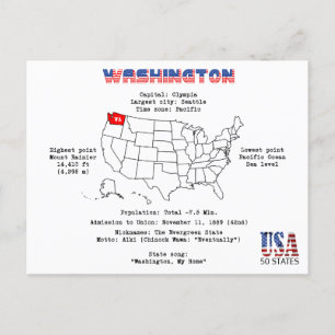 Cartão Postal De Festividades Estado Washington americano em um mapa e informaçõ