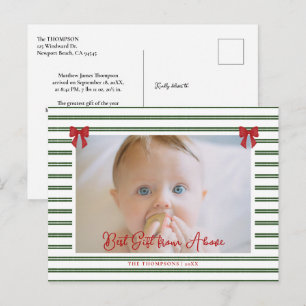 Cartão Postal De Festividades Estatísticas de Bebê Laços Vermelhos Listras Verde