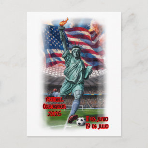 Cartão Postal De Festividades Estátua da Liberdade Celebrando Futebol em um