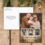 Cartão Postal De Festividades Estilo Rustic Vintage Floral de Natal com Quatro F<br><div class="desc">Placa de cartões de natal de inspiração venenosa russa e nostálgica com grande modelo fotográfico com três pequenas fotos de inserção em quadros antigos de snapshot em um fundo angustiado com holly e evergreens em tons de sépia quente.</div>