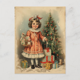 Cartão Postal De Festividades Estilo Vintage Garota Bonita com presentes no Nata