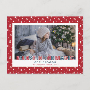 Cartão Postal De Festividades Estrelas de Neve Vermelha acreditam na foto