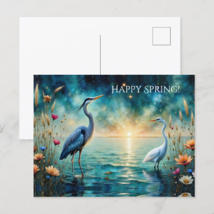 Cartão Postal De Festividades Excelente azul Heron & Egret flores Feliz Primaver
