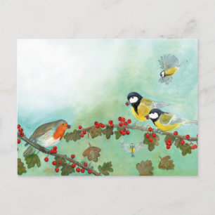 Cartão Postal De Festividades Excelente Tit Birds, Red Robin e Hawthorn Berries